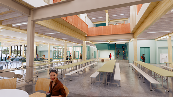 architect drawing of large space with lunch tables